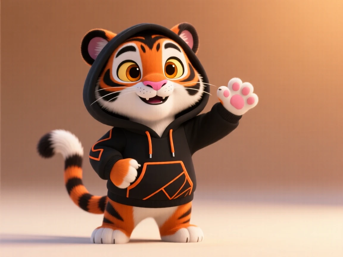 Adorable cartoon tiger in a black hoodie with orange accents, showcasing a playful and modern design against a plain background.