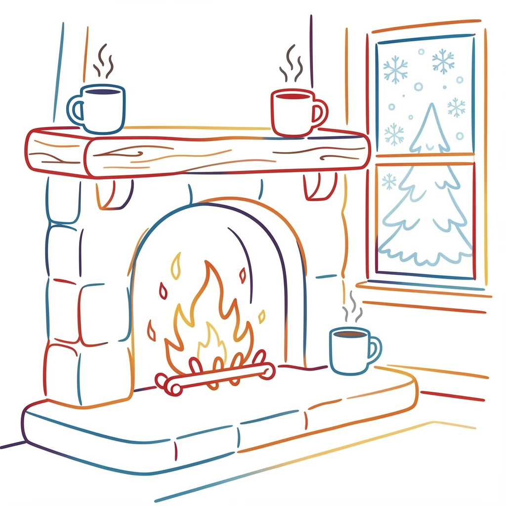 A cozy ski lodge fireplace scene with mugs of hot cocoa and snow outside.