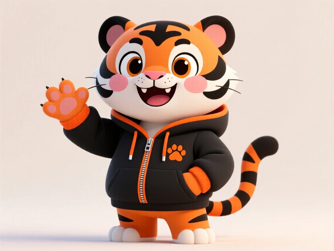 Adorable cartoon tiger in a black hoodie with orange accents, showcasing a playful and modern design against a plain background.