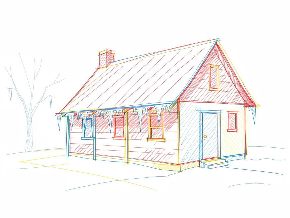 A frosty winter morning with icicles hanging from a cabin's eaves