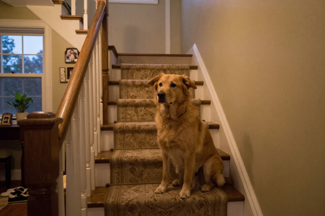 A dog waits at the top of the stairs every evening for its owner's return.