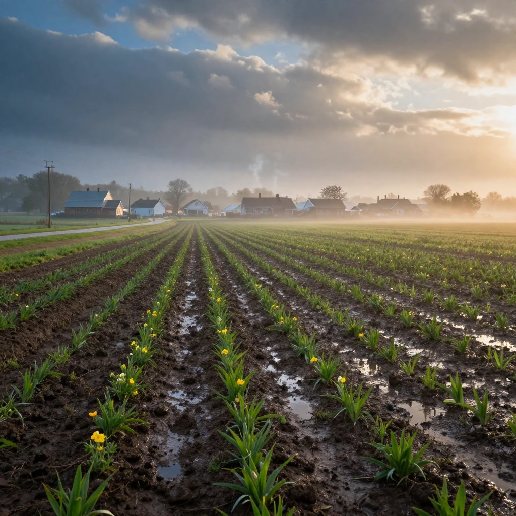 A stretch of open farmland soaked from a sudden spring shower as the town slowly wakes