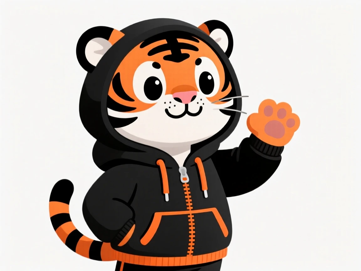 Adorable cartoon tiger in a black hoodie with orange accents, showcasing a playful and modern design against a plain background.