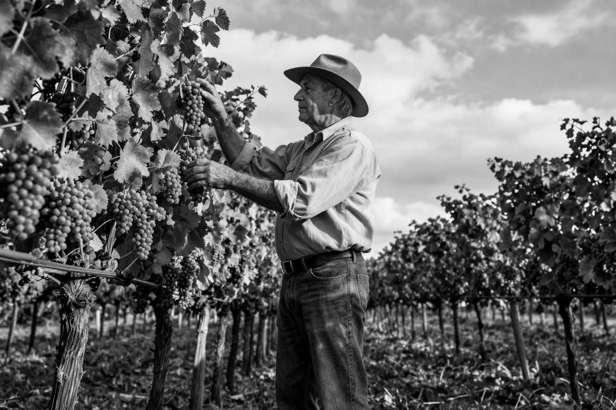 A vineyard owner inspects rows of ripening grapes beneath a wide country sky.