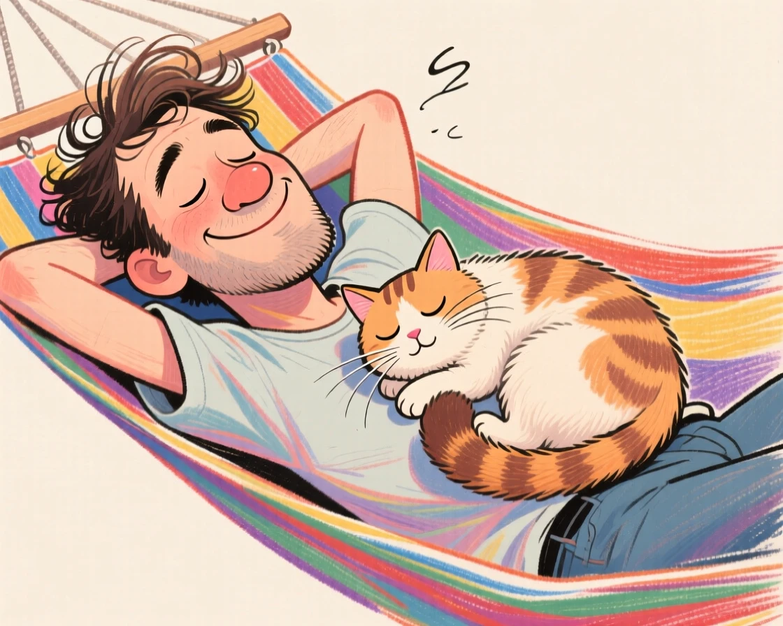A man napping in a hammock with his cat curled contentedly on his chest.