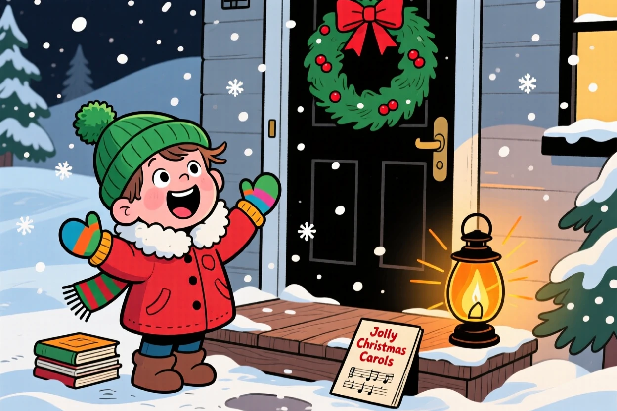A festive celebration scene of a small child singing carols together on a snowy doorstep, with warm lanterns glowing softly nearby.