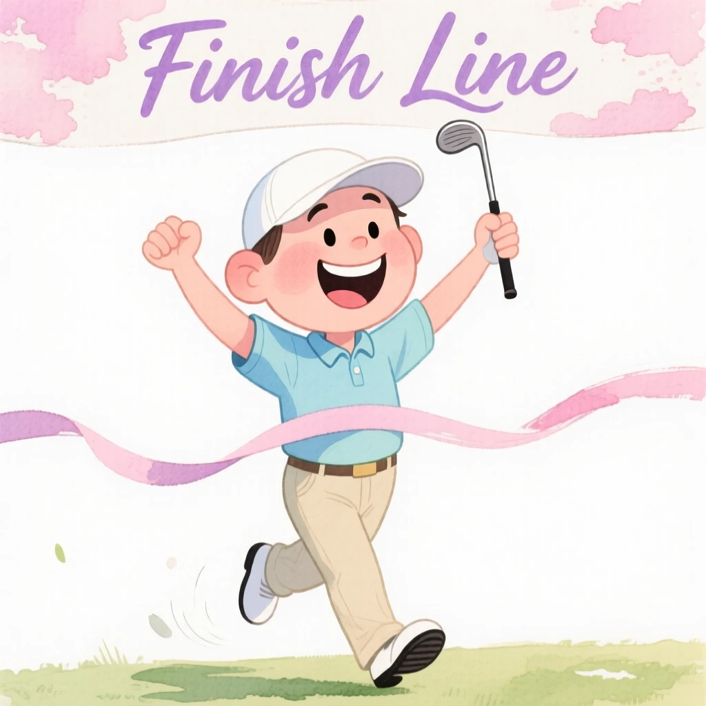 A golfer crossing the finish line with a joyful smile