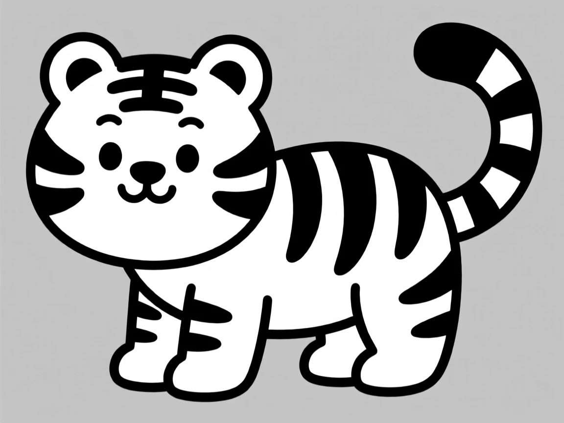 Cute black-and-white cartoon tiger illustration with a rounded body and striped pattern, perfect for kids' designs or coloring pages.