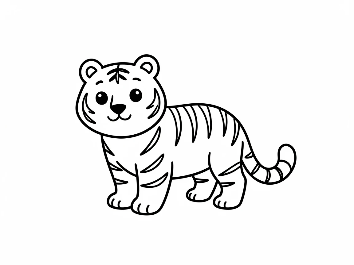 Cute black-and-white cartoon tiger illustration with a rounded body and striped pattern, perfect for kids' designs or coloring pages.