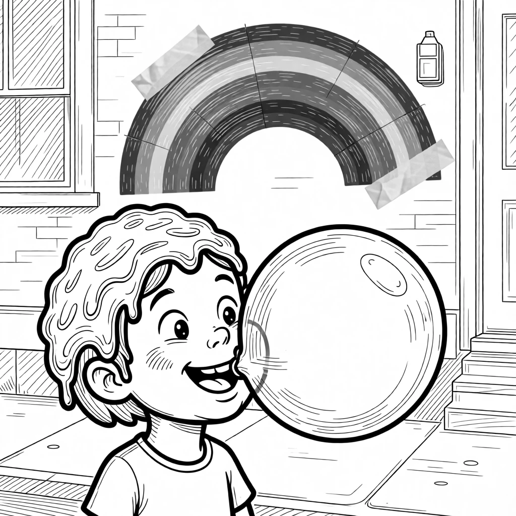 A child blowing the biggest bubblegum bubble yet, beaming through a face completely covered in frosting, set on a sidewalk in front of the house. A crayon rainbow is taped crookedly to the wall. The image radiates the carefree magic of being young.