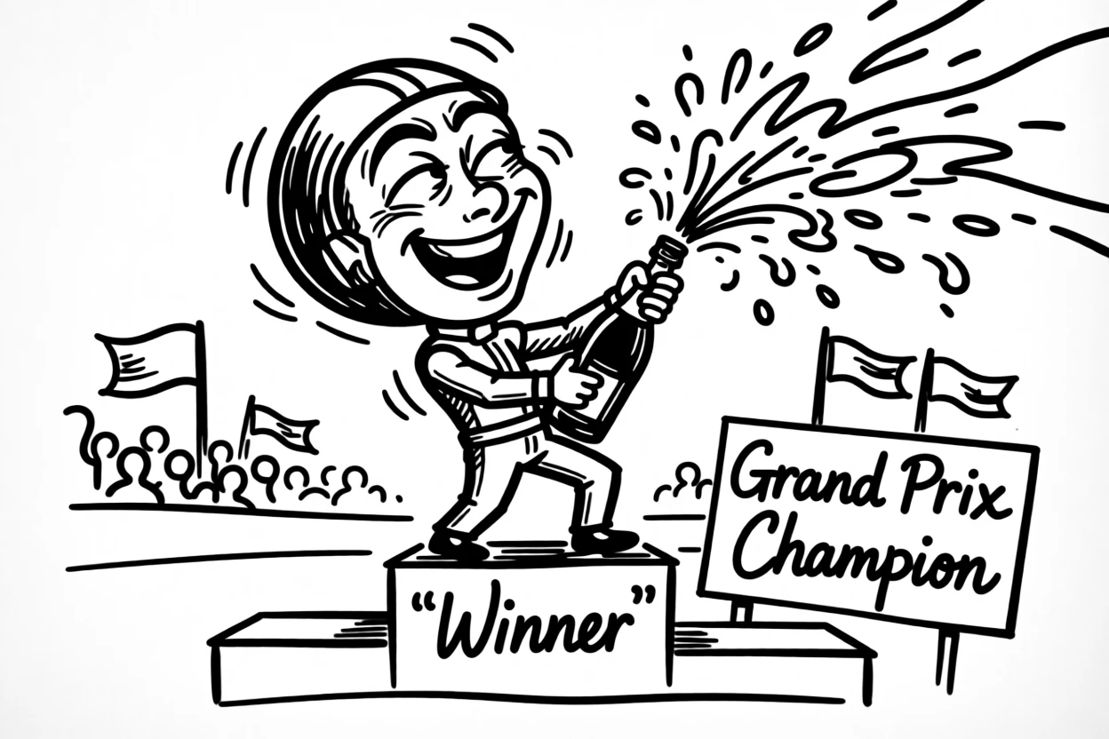 A race car driver popping champagne on the podium after winning a big race.