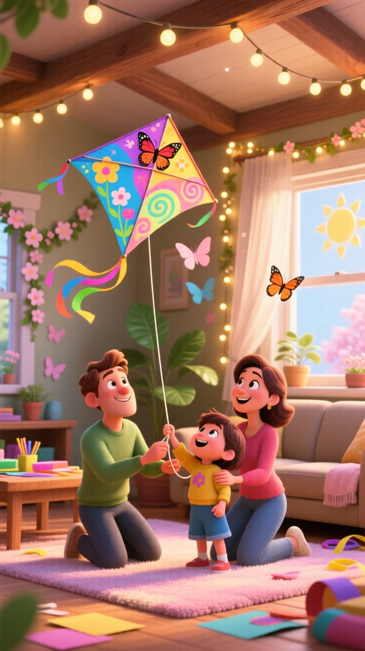 A family flying kites at a spring festival happens in a living room decorated with twinkling lights, with warm string lights glowing overhead. A cozy, cheerful spirit radiates through the moment.