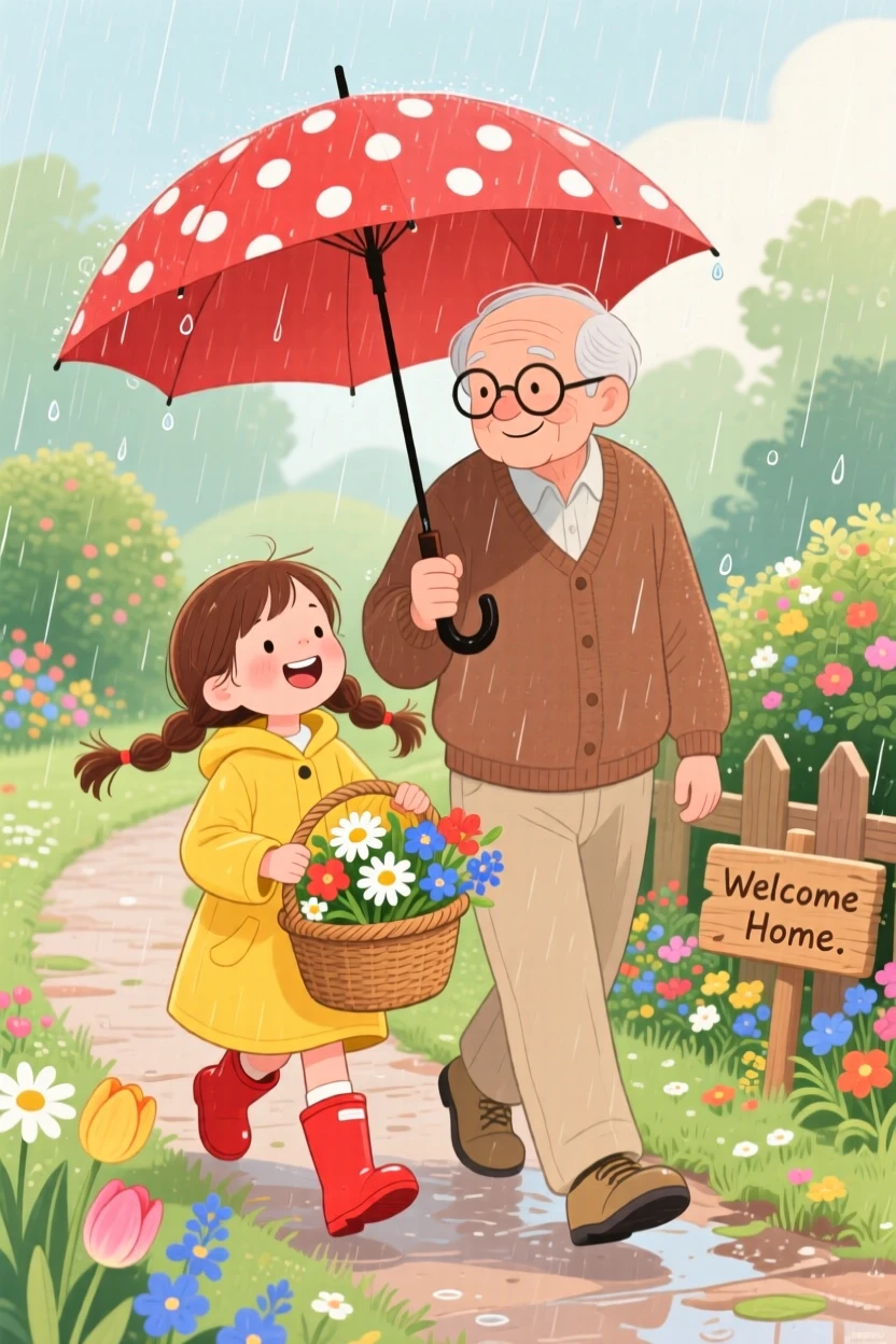 A girl with a basket of flowers and his grandfather are walking home together under one umbrella, with laughter echoing through the yard.