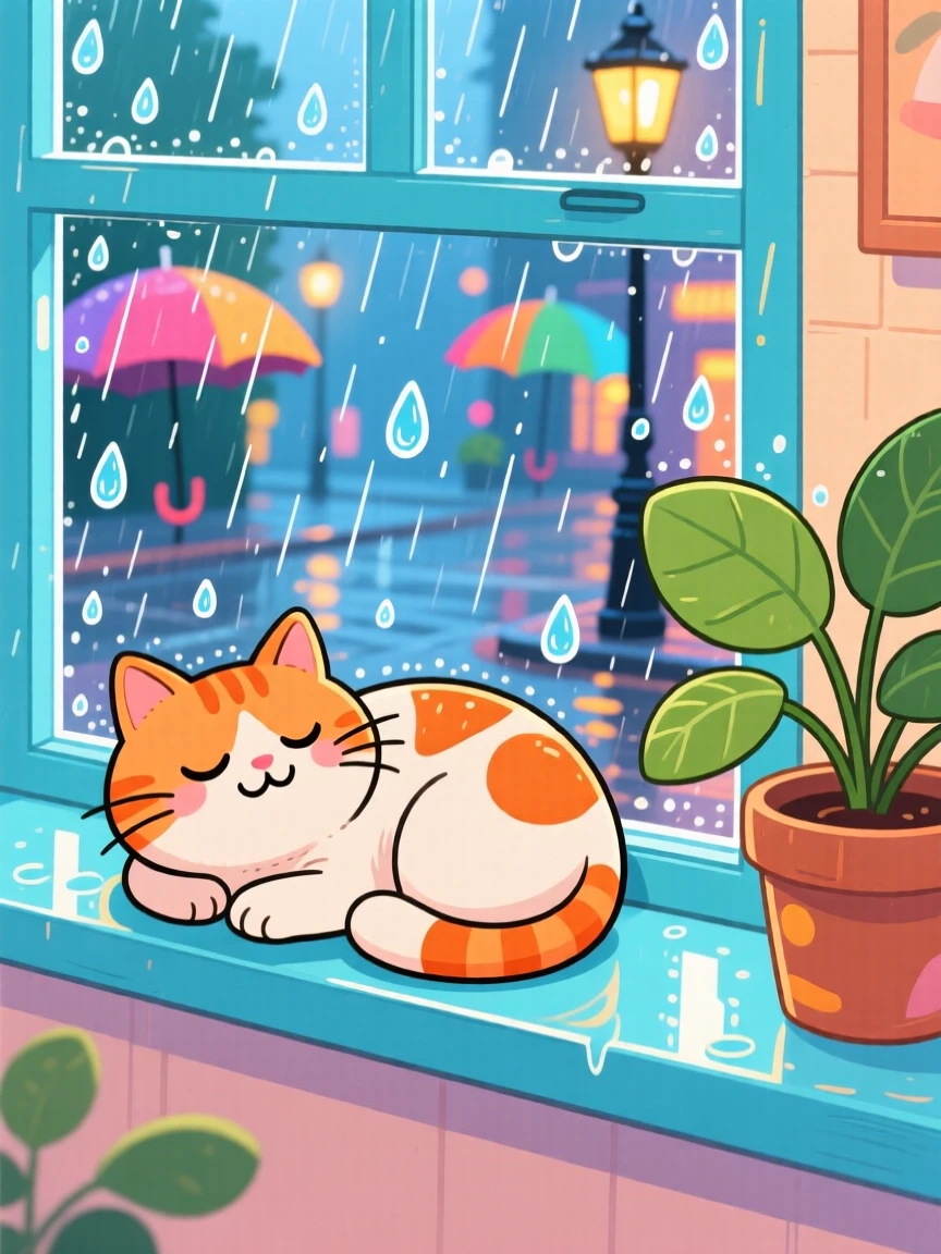 A cat curled up on a windowsill watching raindrops race down the glass.