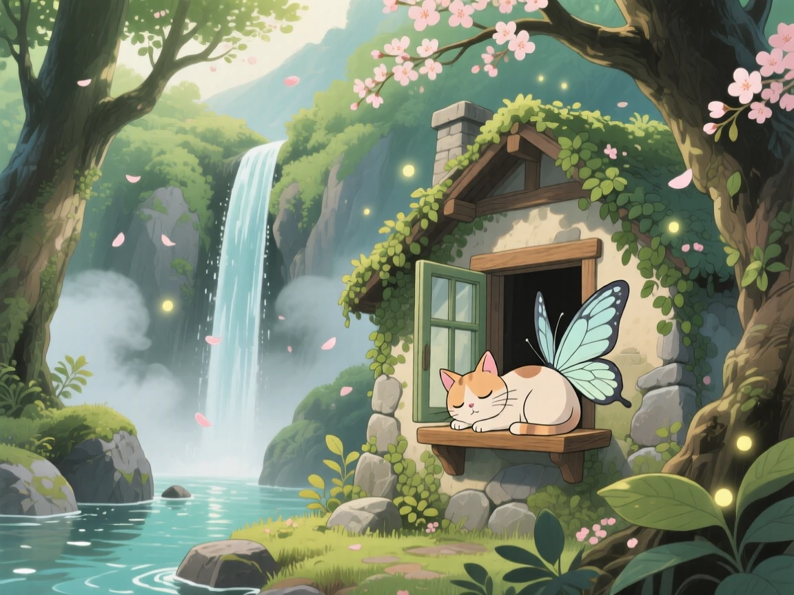 A hidden valley where waterfalls flow upward, where a cat with butterfly wings napping on a windowsill can be seen nearby, the atmosphere mysteriously beautiful.