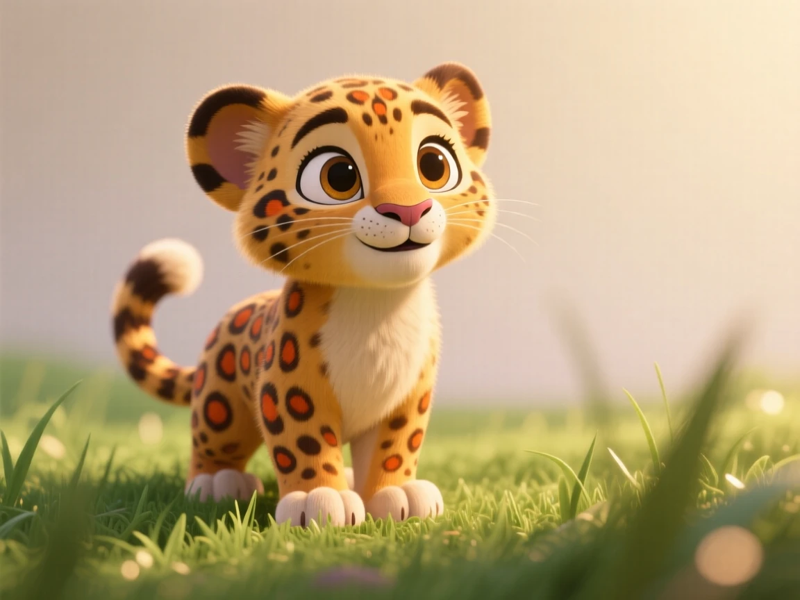 Adorable cartoon leopard cub with golden fur and orange spots, standing on grass with a neutral background. Perfect for kids' illustrations.