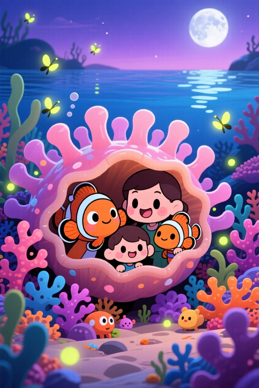 A young clownfish family playing hide and seek in an anemone in a colorful coral reef as fireflies begin to glow at dusk; soft moonlight washes over the scene as peaceful calm fills the moment. Medium shot.