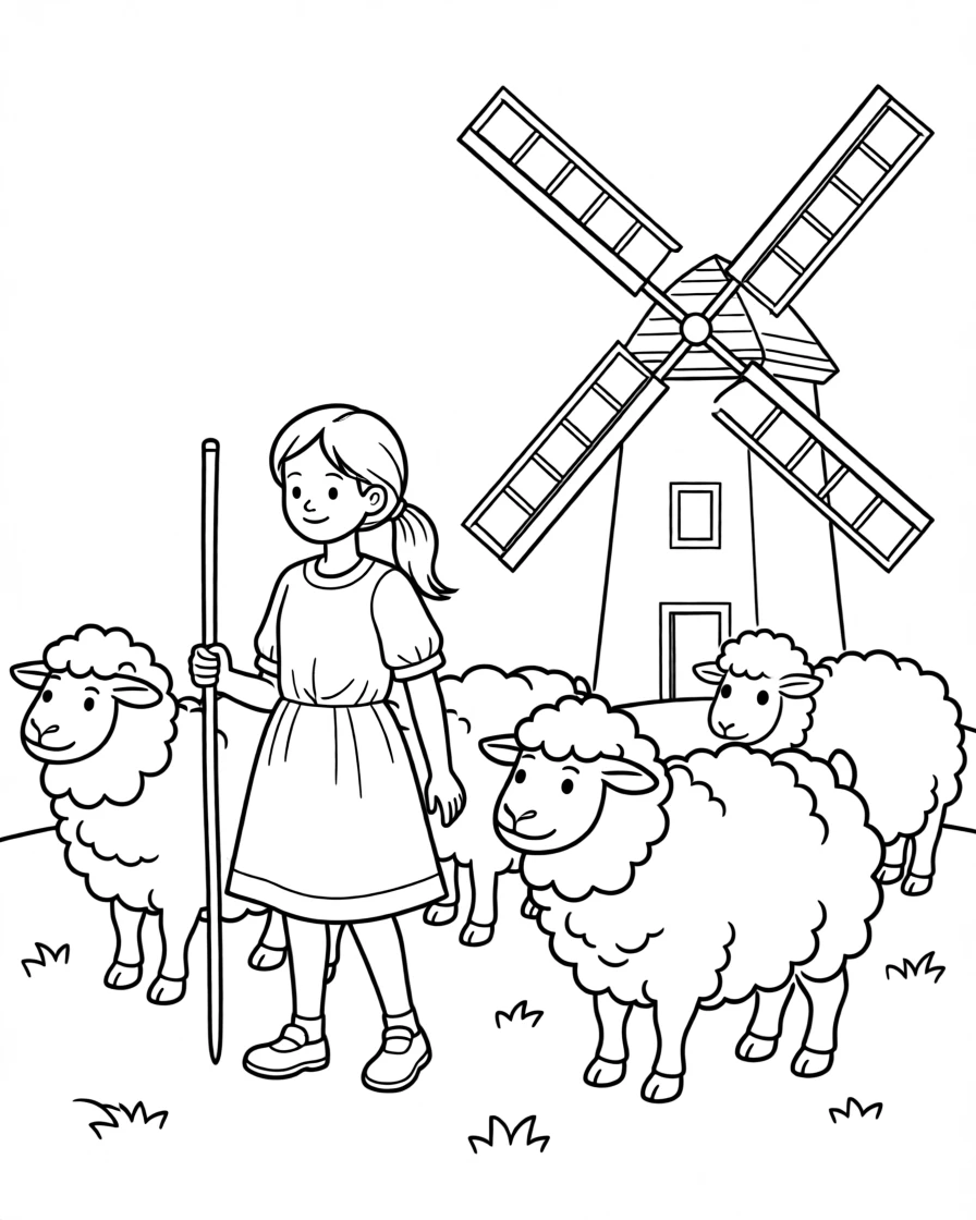 A young shepherdess herding sheep near a windmill