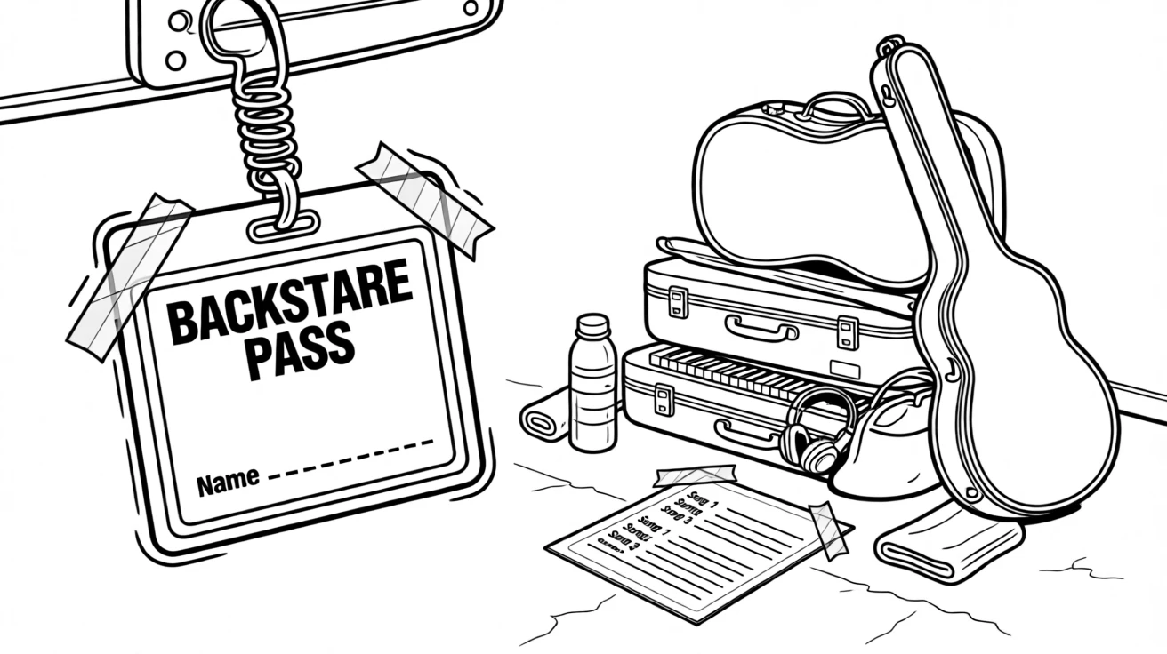 A backstage pass hanging beside a pile of instrument cases, with a set list taped to the floor nearby.