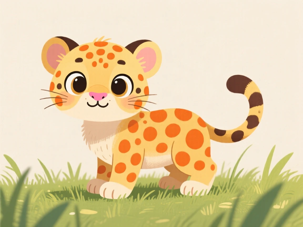 Adorable cartoon leopard cub with golden fur and orange spots, standing on grass with a neutral background. Perfect for kids' illustrations.