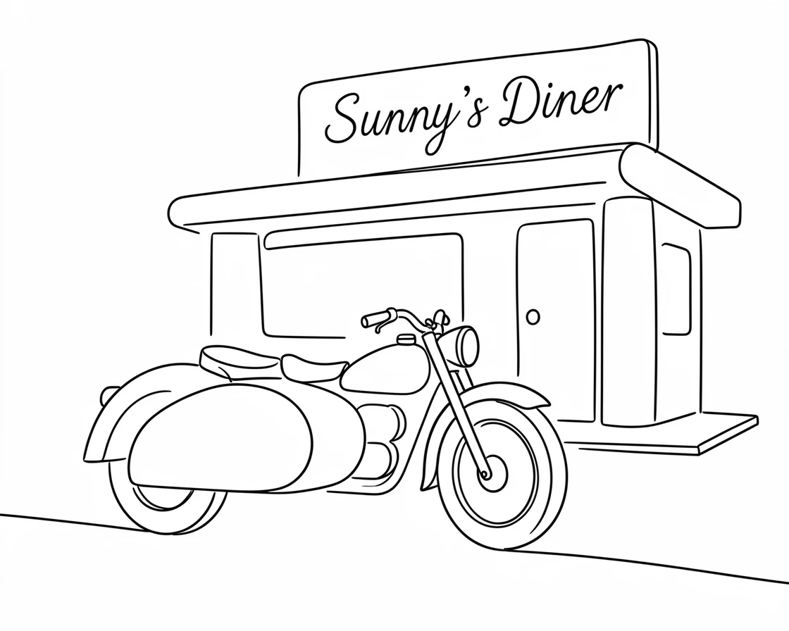 A vintage sidecar motorcycle parked outside a roadside diner