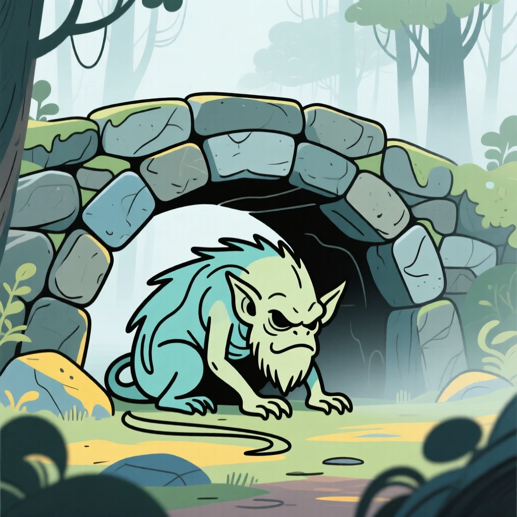A troll hiding beneath a stone bridge in a misty forest.