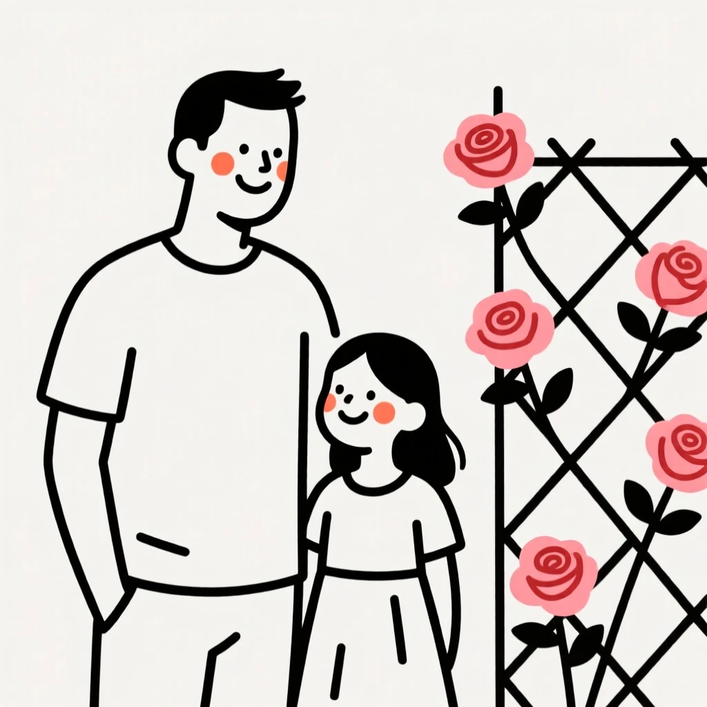 A father and daughter of Cuban heritage, smiling warmly, beside a blooming rose trellis.