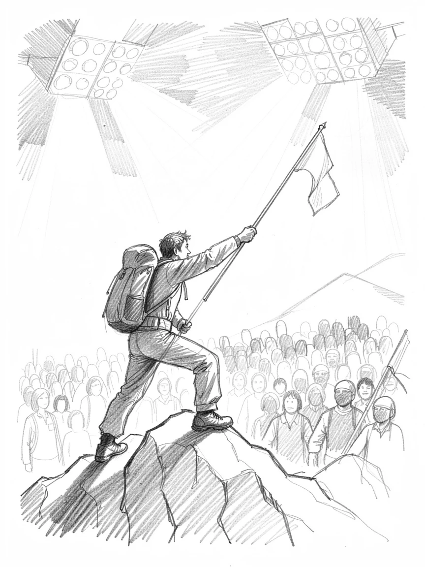 A dynamic action shot of a hiker reaching a mountain summit under bright stadium lights, with the crowd blurred in the background.
