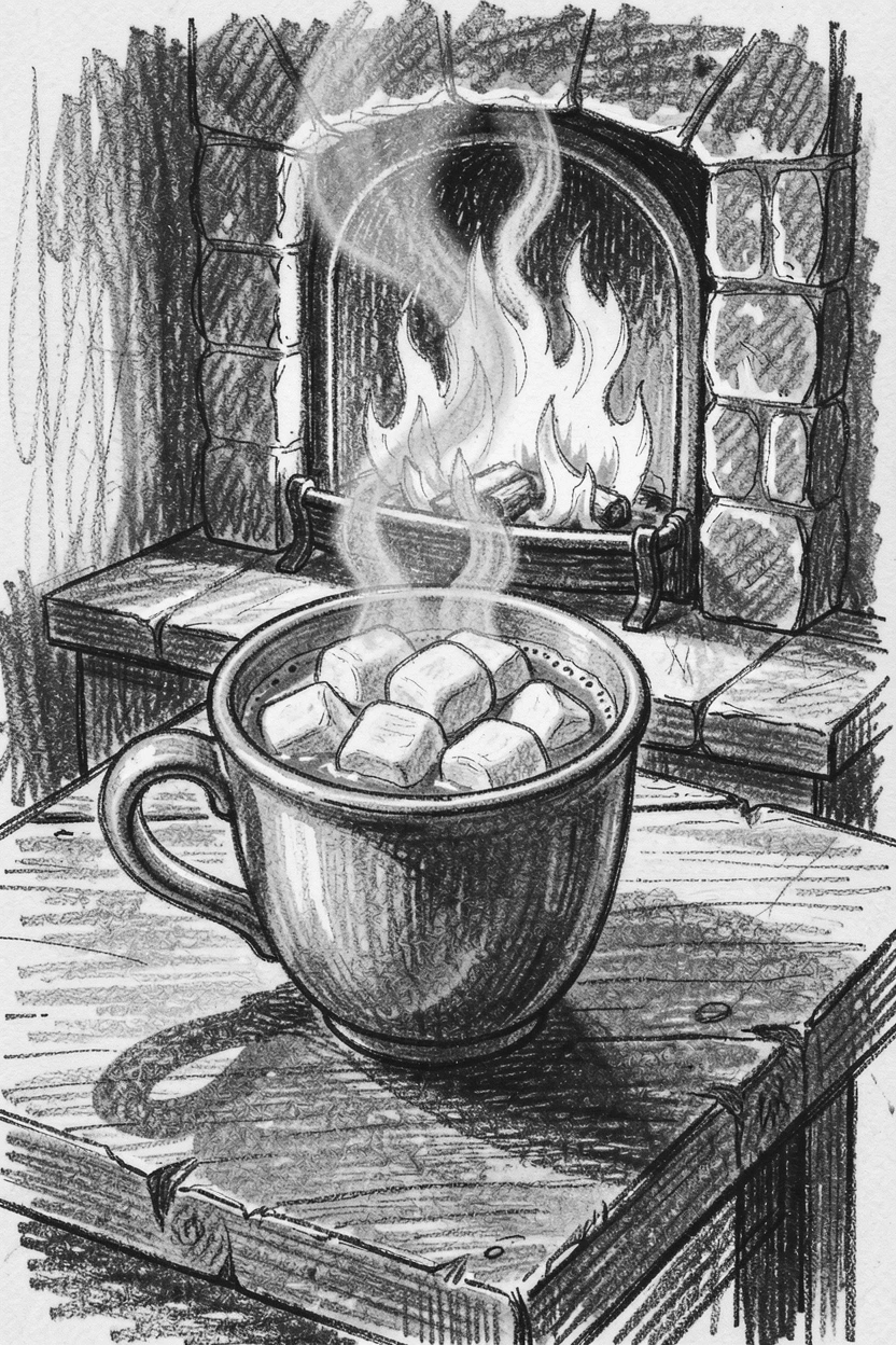 A cup of hot cocoa with marshmallows beside a fireplace, in a moment of quiet togetherness.