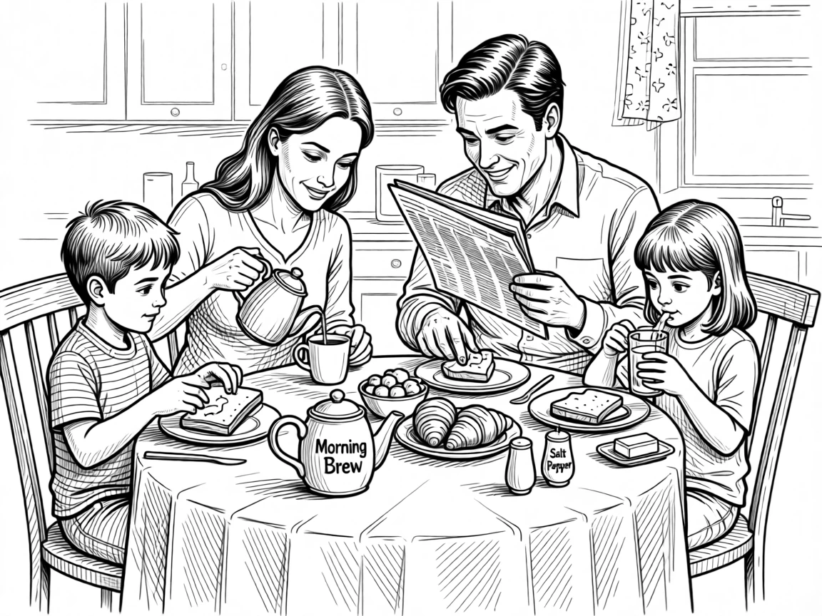 A family enjoying a slow Sunday breakfast together at the kitchen table.