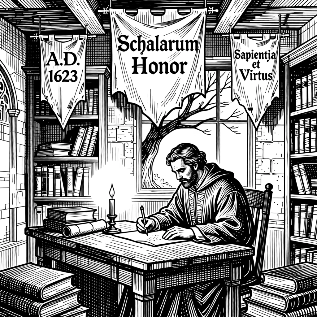 A scholar writing by candlelight in an old study beneath the shade of ancient trees, with banners and flags marking the occasion, portrayed in a proud and storied historical scene.