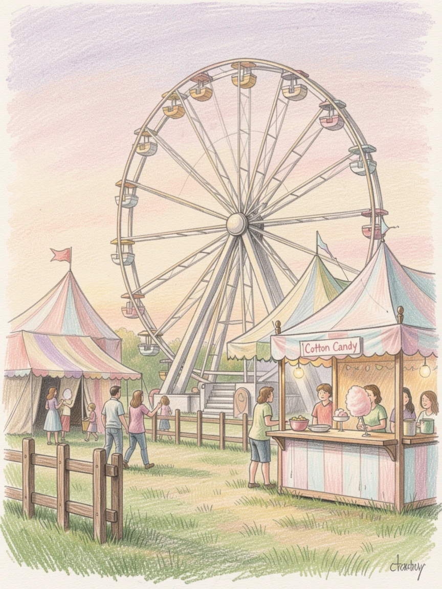 A rustic countryside fair with a Ferris wheel and cotton candy stand, with soft, natural light bringing warmth to every detail, perfect for anyone drawn to gentle, heartfelt imagery.