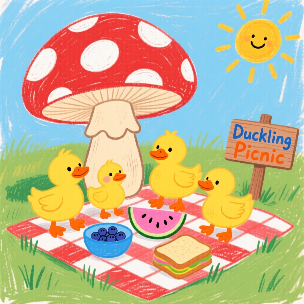 A family of ducklings having a picnic beneath a giant mushroom.