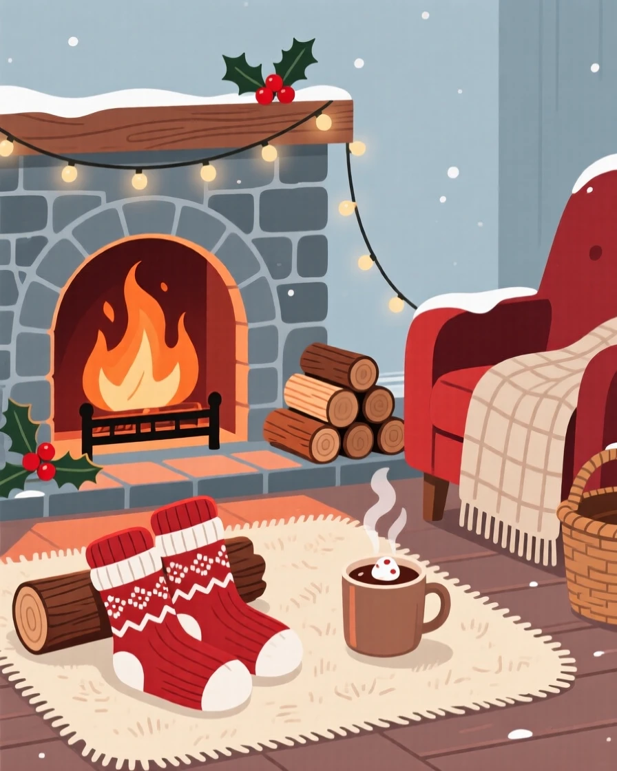 A cozy winter fireplace scene with hot cocoa and warm socks, surrounded by warm or cool seasonal tones, composed with a calm, seasonal simplicity, with charming small details that evoke the season perfectly.