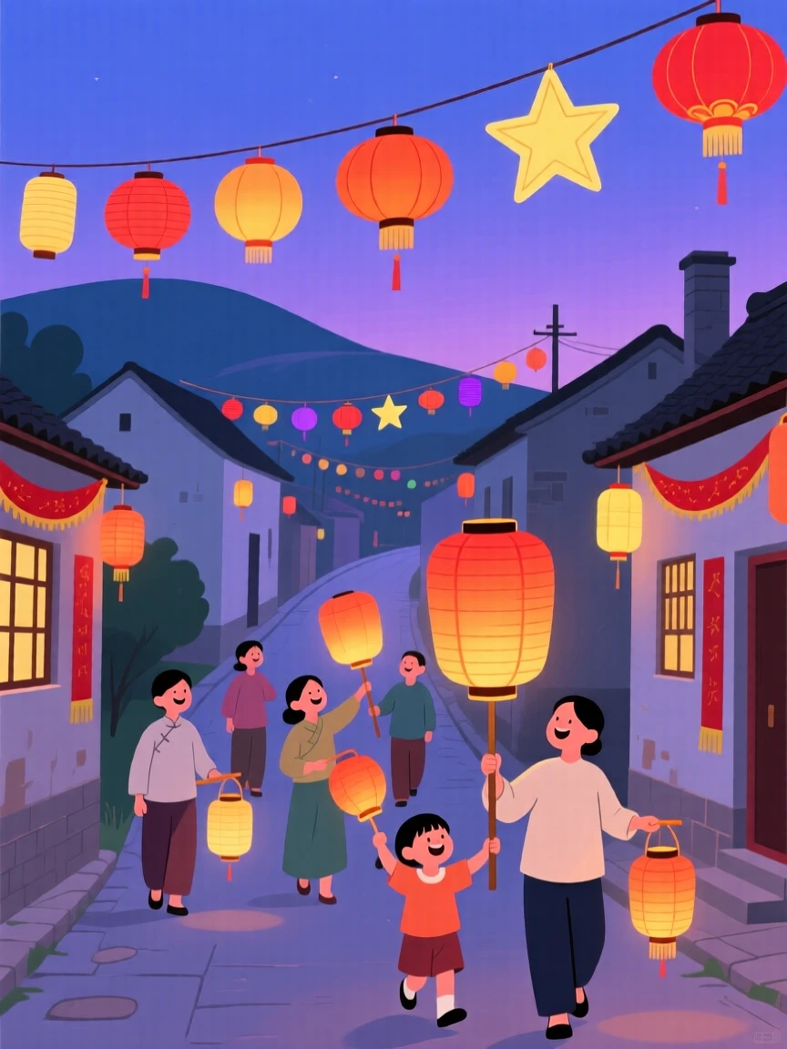 A lantern celebration with colorful decorations filling a village street.