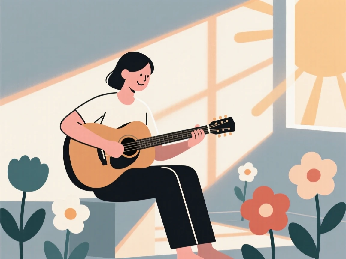 A person playing an acoustic guitar in a sunlit studio, surrounded by fresh cut flowers, showing quiet satisfaction.