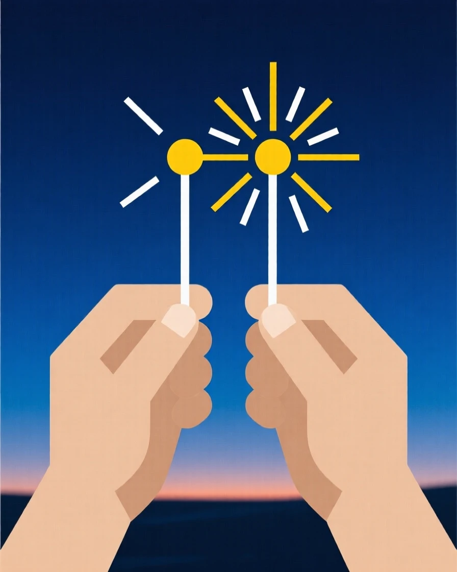 A pair of hands holding sparklers at dusk