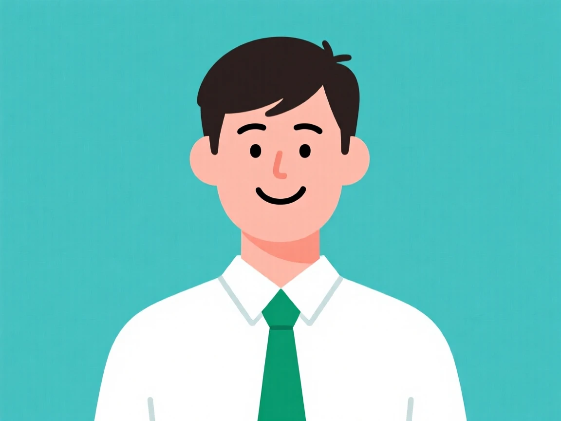 Cartoon illustration of a smiling man with dark hair, wearing a white shirt and green tie, set against a teal background.