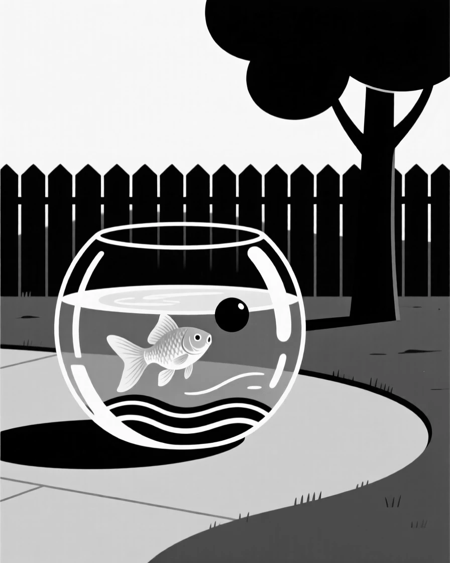 A goldfish in a bowl playing fetch in a backyard.