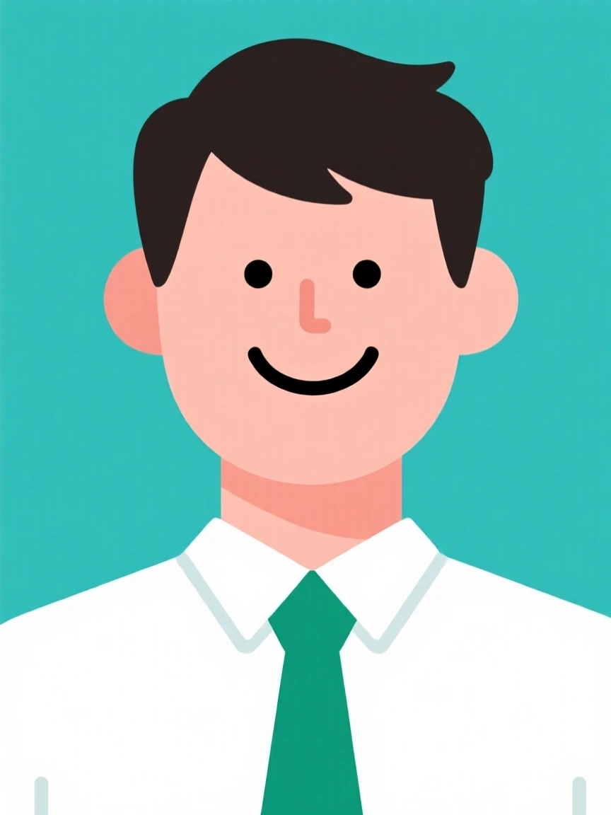 Cartoon illustration of a smiling man with dark hair, wearing a white shirt and green tie, set against a teal background.