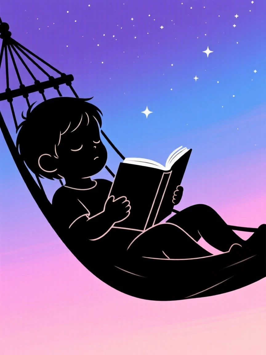 A child asleep in a hammock, a book resting open on their chest.
