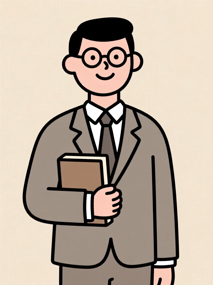Cartoon illustration of a man in a suit holding a book, with glasses and a friendly expression, set against a beige background.
