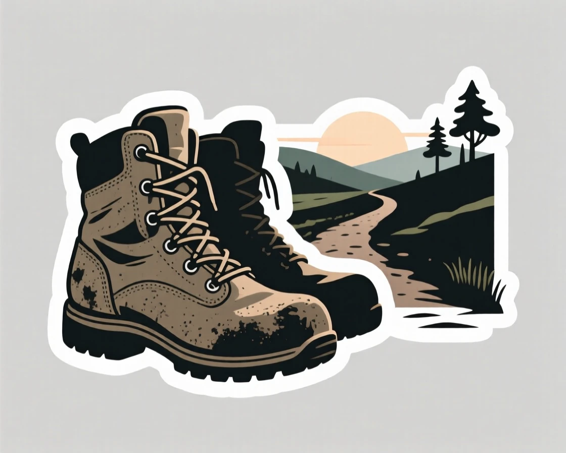 A softly triumphant scene of a pair of worn hiking boots facing a scenic trail ahead, surrounded by a gentle sense of stillness, marking the start of something meaningful.