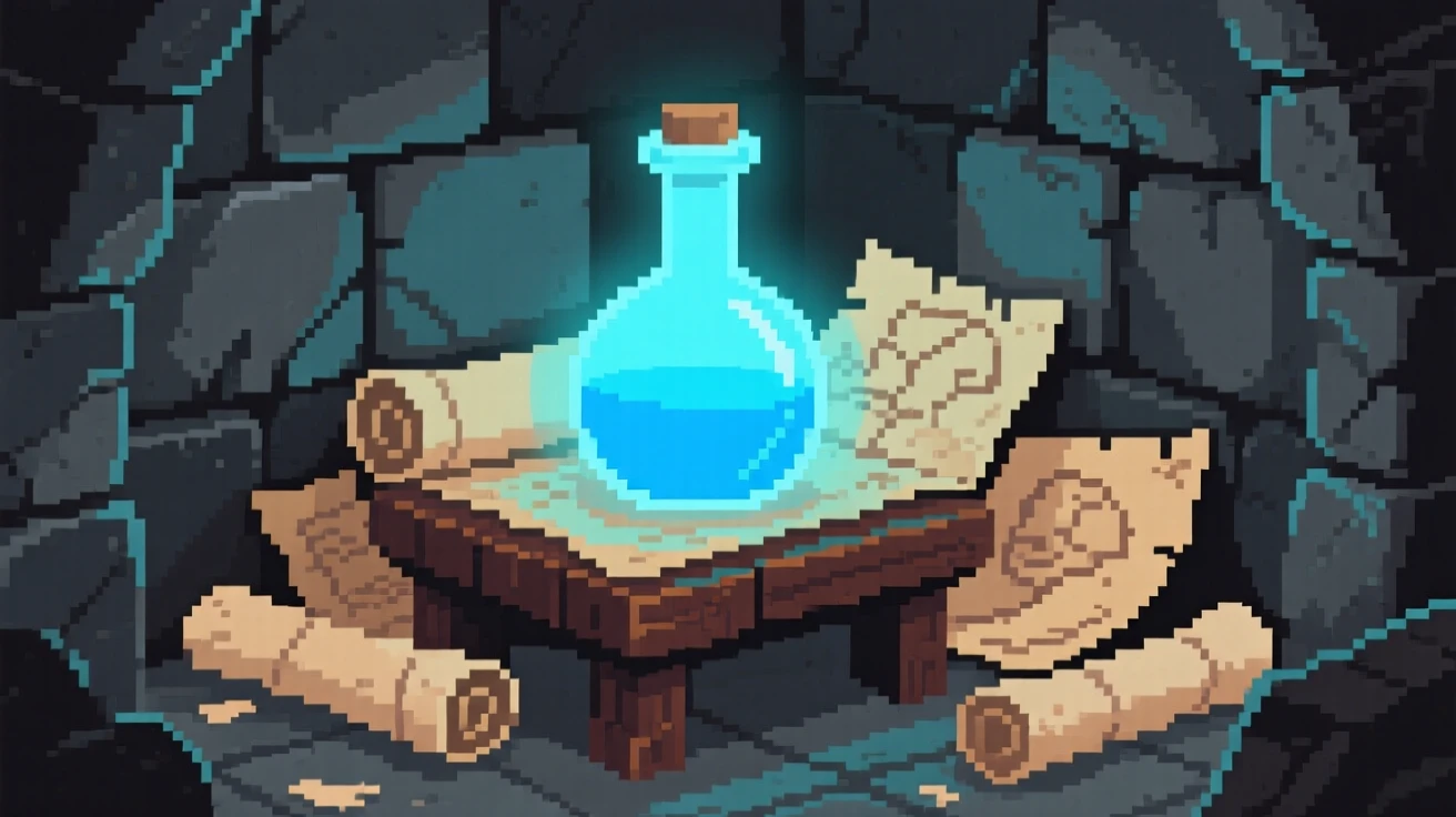 A potion bottle glowing faintly blue resting on a pile of old maps, within an ancient hidden vault.