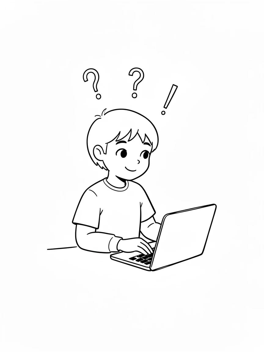 Minimalist black-and-white illustration of a person using a laptop, with a curious expression and punctuation marks above their head.