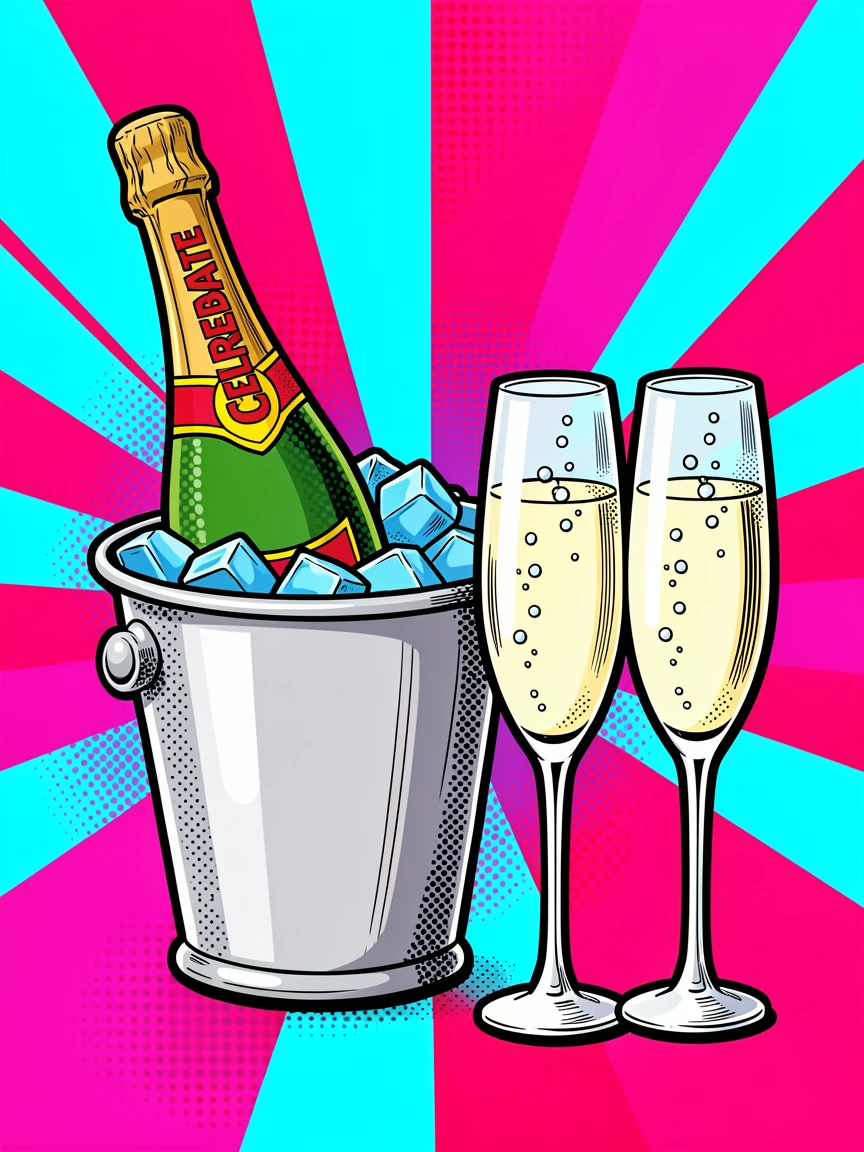 A bottle of champagne chilling in an ice bucket beside two glasses