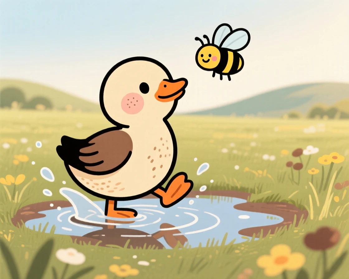 A playful duckling splashing in a puddle in a sunny meadow, pausing to look up with curious, gentle eyes as a bee hums nearby.
