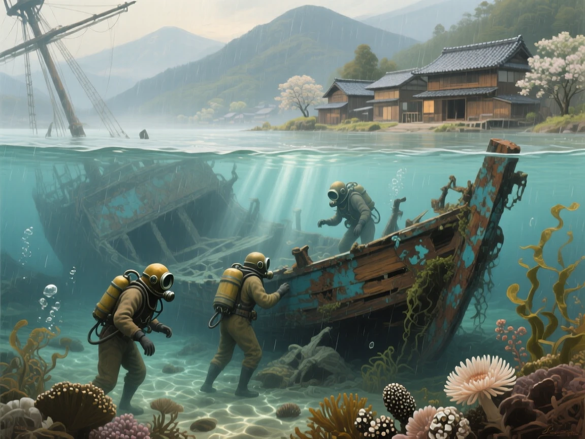 A balanced composition of divers exploring a sunken shipwreck beneath crystal-clear water, in a Japanese mountain village, during a gentle spring shower.