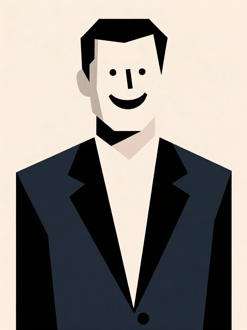 Stylized illustration of a cheerful man in a dark suit with a light beige background, featuring a simplistic and geometric design.