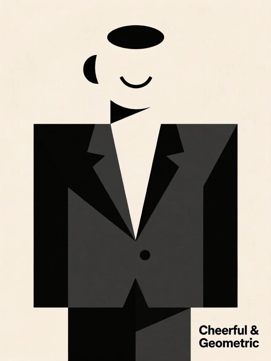 Stylized illustration of a cheerful man in a dark suit with a light beige background, featuring a simplistic and geometric design.